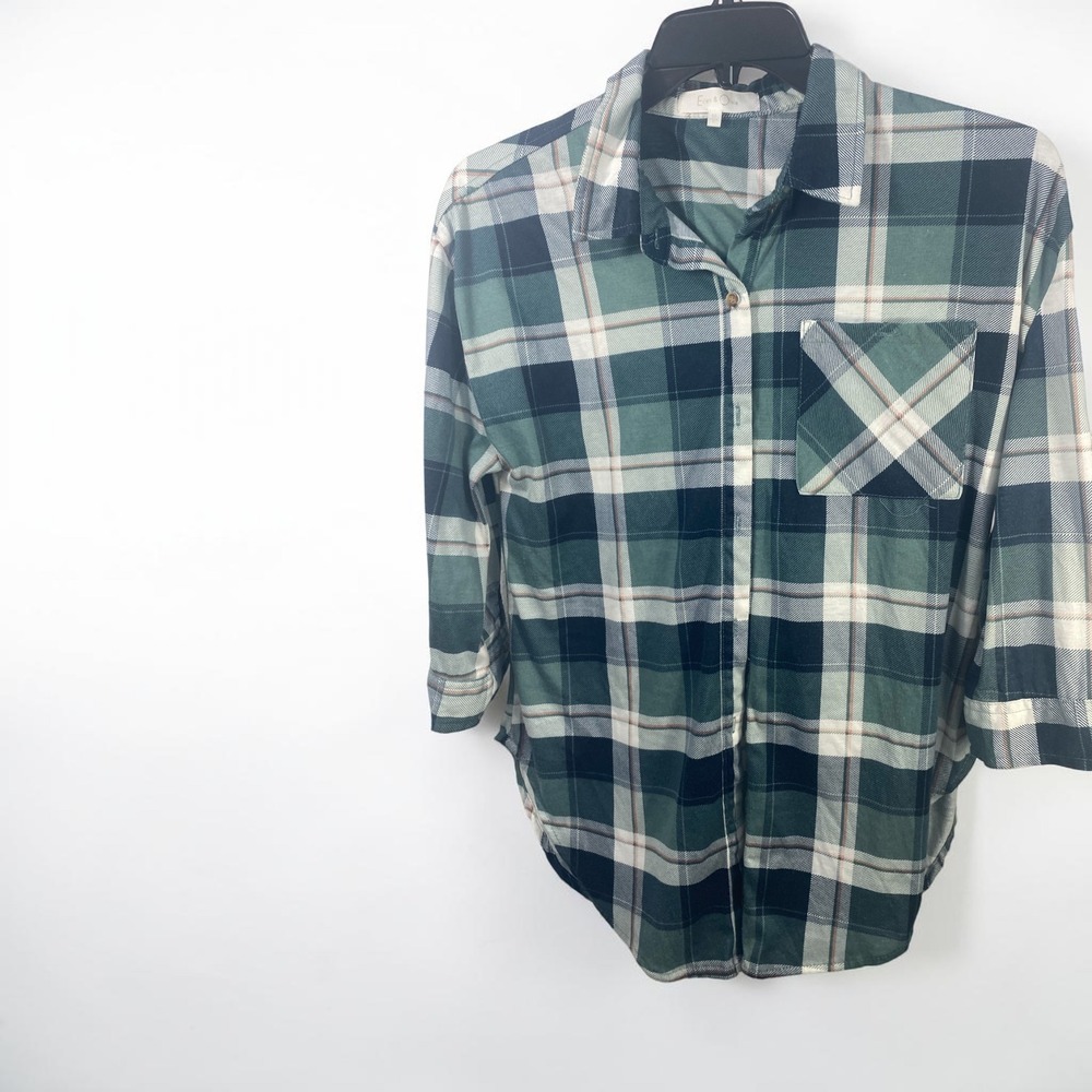 Eden & Olivia Green Plaid Roll Tab Sleeve Button Down Shirt Medium